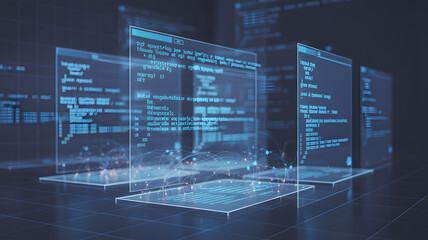 Holographic screens displaying programming code futuristic digital interface for data analysis and software development abstract.