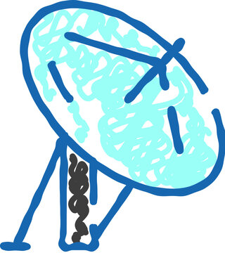 Blue outlined satellite dish antenna doodle drawing on a clean white background, symbolizing global communication, broadcasting, data transfer, and future technology concepts