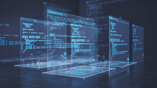 Holographic screens displaying programming code futuristic digital interface for data analysis and software development abstract.