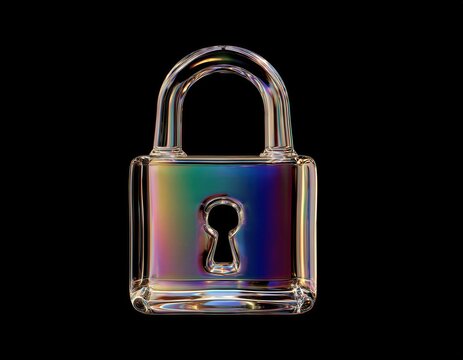 Un candado iridiscente contra un fondo negro, simbolizando la seguridad y la belleza ef&iacute;mera.