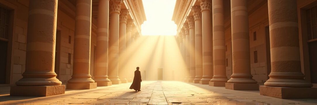 Dramatic bible scene with silhouette walking through ancient pillars under warm light. Atmosphere envelops with beams illuminating sacred space,