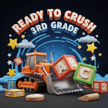 3D render of orange bulldozer with blocks and text ready to crush 3rd grade
