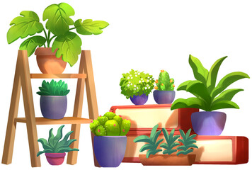 Obraz premium Indoor Plant Shelf with Decorative Potted Plants Illustration