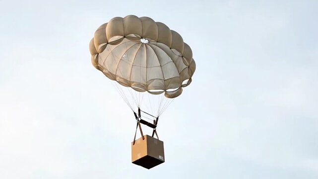 Small Cardboard Parcel Floating with Parachute in Clear Sky
