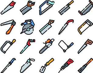 Fototapeta premium Saw tools, including hand saws, power saws, and utility blades, are arranged in a seamless pattern, illustrating various equipment for working with wood and other materials