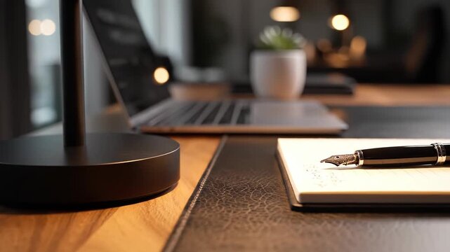 A desk setup with a lamp, laptop, notebook, and fountain pen