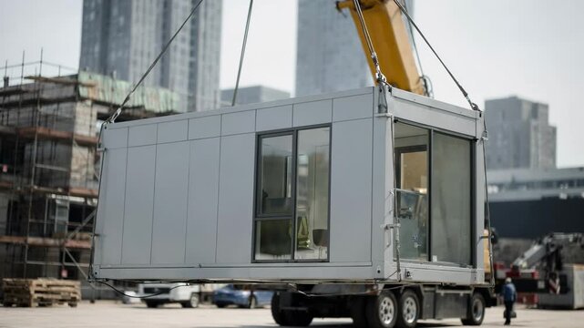 Mobile crane hoists a modular building unit at an urban construction site with high rise buildings in the background. Industrial logistics and infrastructure development concept.