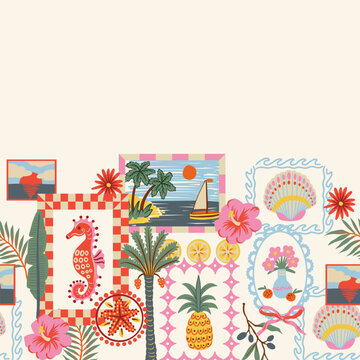 Tropical frame border with palm pineapple seahorse flowers coastal summer illustration