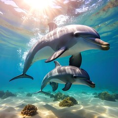 Fototapeta premium Two dolphins swimming underwater near ocean floor