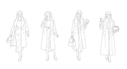 Fashionable Women in Stylish Coats: Line Art Collection
