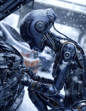 Un robot con aspecto humano se agacha en la nieve, mostrando una expresi&oacute;n de tristeza.