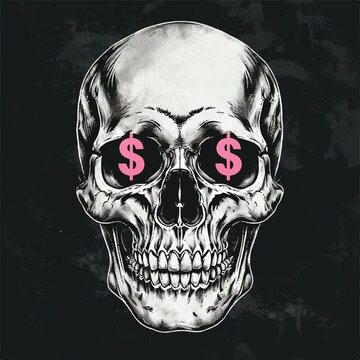 Macabre black and white human skull illustration featuring striking pink dollar signs replacing the eye sockets symbolizing greed materialism and the dangers of wealth obsession