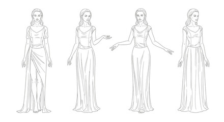 Elegant woman in flowing gowns, historical fashion, vintage style, classical pose, line art