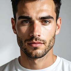 Obraz premium Portrait of a fictional AI man with calm expression, realistic skin details, soft shadows, plain background, professional studio photography style