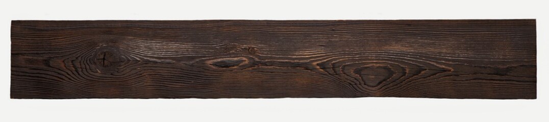 A single dark brown wood plank isolated on a white background. The detailed, rustic texture shows the natural grain and knots. Minimalist studio shot, perfect for backgrounds or banners © Анатолий Еремин