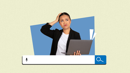 A person is looking puzzled while holding a laptop. They have a questioning expression, suggesting...