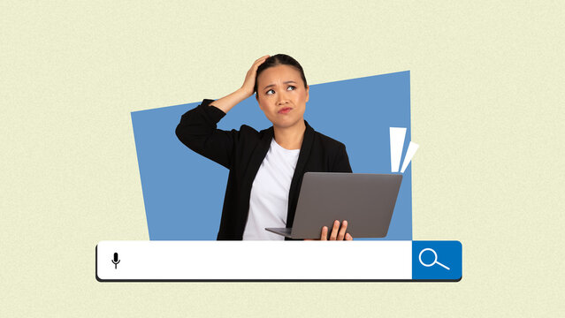 A person is looking puzzled while holding a laptop. They have a questioning expression, suggesting they are trying to find information online. The background shows a simple design that adds focus.