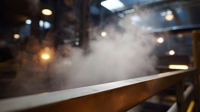 Thick industrial steam obscures the background lights and hinery in a factory interior