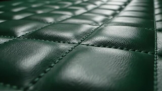 Close-up of dark green quilted material with stitched diamond patterns