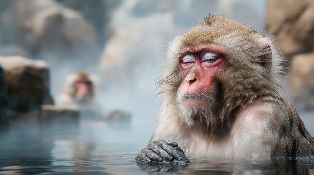 Japanese macaque in hot spring with blurred background, Jigokudani Monkey Park, Nagano, Japan, cute animal, funny monkey in water