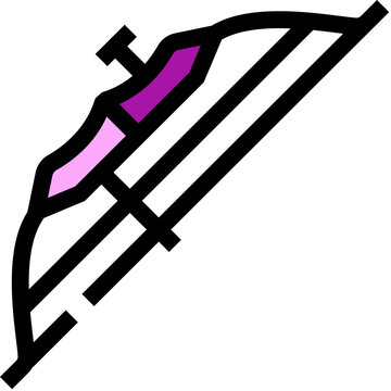 Archery bow with purple and pink accents on white background, minimalist vector icon symbolizing recreational shooting, sport, practice, precision, aiming and hobby skills