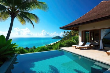 Fototapeta premium Luxurious villa with private pool, stunning ocean views, and lush tropical gardens Perfect for a relaxing getaway , interior, relaxation