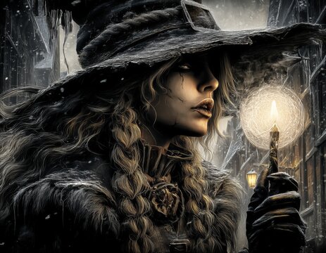 Una bruja con un sombrero grande y una capa de piel, sosteniendo una linterna en un paisaje invernal nevado.