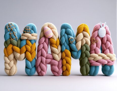 La palabra 'MAMA' tejida con lana colorida y un conejito de ganchillo.