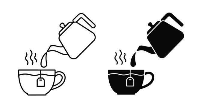 Pouring hot water from a square kettle into a steaming teacup featuring a dangling tea bag icon in outline and solid styles