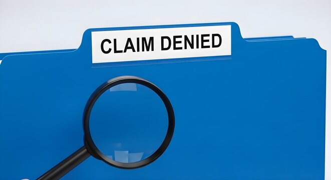 Claim Denied: Magnifying glass inspecting blue file folder with rejection label, insurance coverage dispute, financial audit, medical claim status and legal document concept