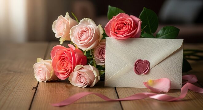 Pink roses bouquet with love letter and red seal on wooden table romantic setting