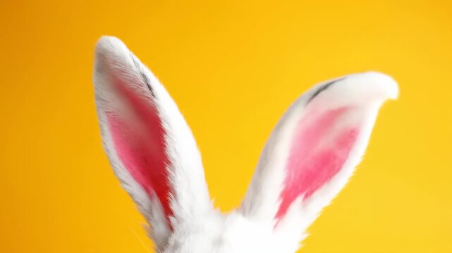 White rabbit ears peeking on bright yellow background