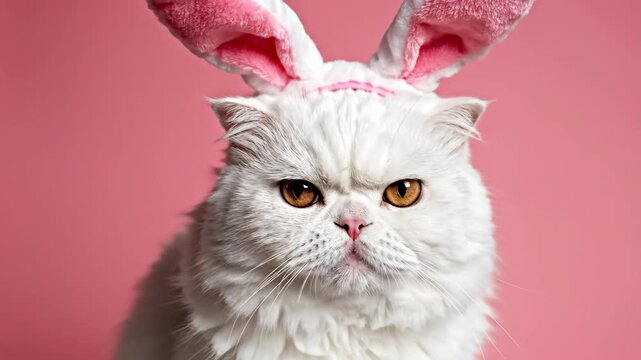 White fluffy cat wearing bunny ears with grumpy face on pink background