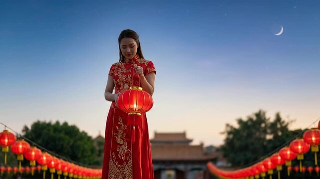 Woman in traditional dress holding a red lantern at dusk with temple in background. Chinese new year celebration and culture.