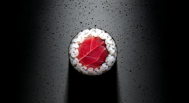 a perfect sphere of classic tekka maki (tuna roll), its cross-section revealing a dense core of deep red tuna, wrapped in crisp nori, in a modern Japanese restaurant 