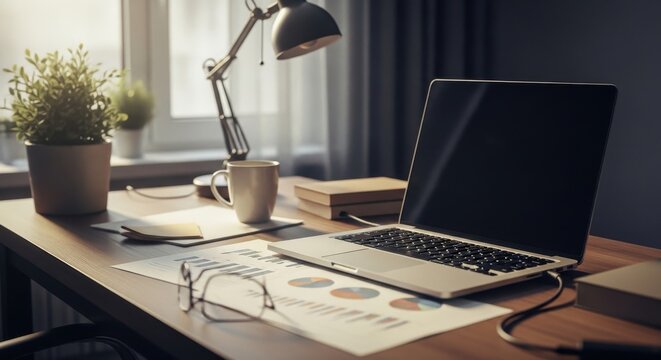 A serene workspace featuring a laptop and desk accessories under warm lighting