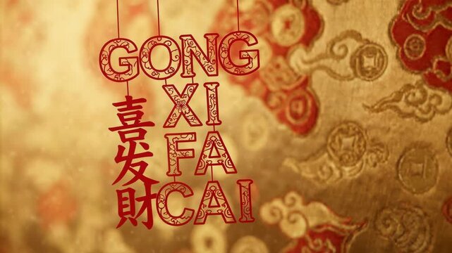 Red gong xi fa cai lettering with chinese characters hanging on golden cloth with traditional patterns for Chinese New Year.