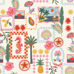 Tropical frame seamless pattern with palm pineapple seahorse flowers coastal summer illustration © Yumeee