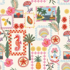 Tropical frame seamless pattern with palm pineapple seahorse flowers coastal summer illustration © Yumeee