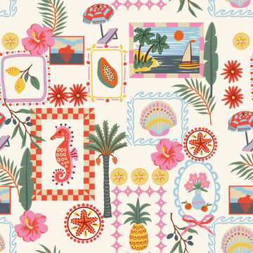 Tropical frame seamless pattern with palm pineapple seahorse flowers coastal summer illustration