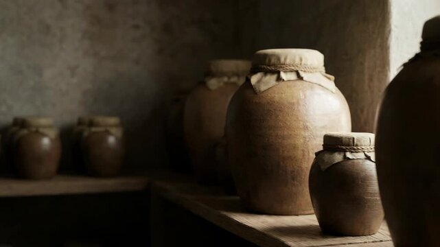 Terracotta jars with rustic paper covers on wooden shelves. Traditional storage pots in a vintage style, ceramic tableware concept.