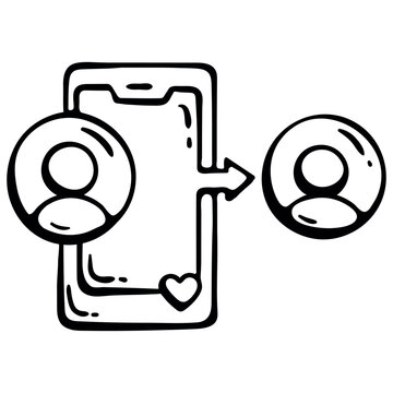 Social Media Share and Repost Icon. Smartphone with User Avatar, Arrow and Heart for Content Viral Marketing, App Engagement and Networking. Hand-Drawn Doodle.