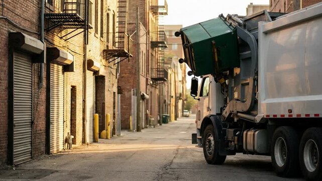 A refuse collector lifting a dumpster onto a garbage truck in a narrow city alley. Waste management and urban sanitation service.