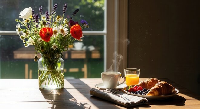 Bright breakfast table with flowers, fruits, and coffee by sunny window