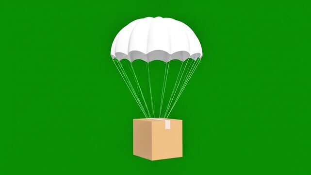 Cardboard Box Descending with White Parachute on Green Background
