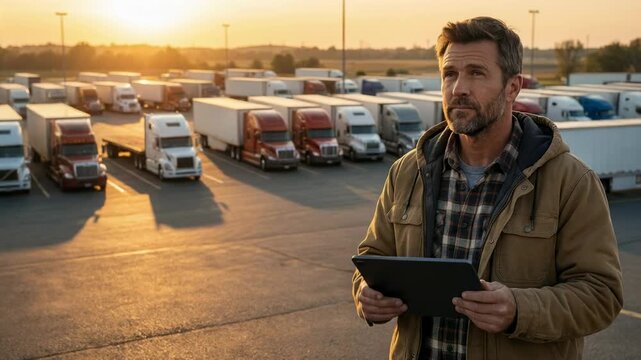 Man trucker checking manifest with tablet at truck stop parking lot at sunset for freight transport and cargo delivery.