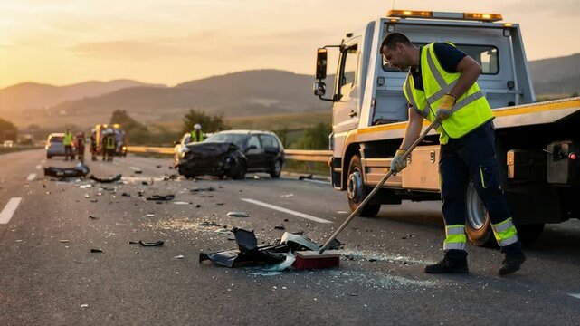 Man with a tow truck cleaning glass shards from a car accident site at sunset. Road incident aftermath and traffic safety concept.