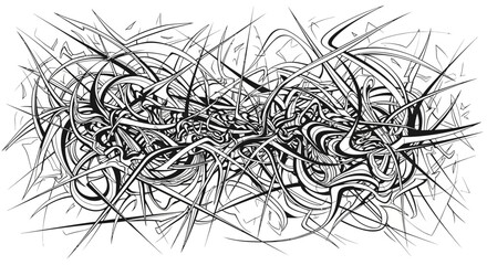 Obraz premium Dynamic Black and White Abstract Illustration with Tangled Lines and Chaotic Organic Shapes. Modern Art Graphic Background.