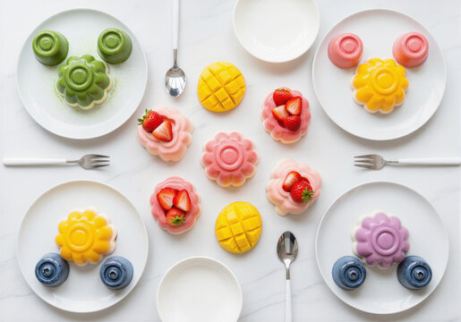 Colorful jelly desserts with fruit toppings in floral and character shapes. Vibrant pudding arrangement on white plates for gourmet food photography