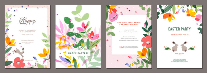 Plakat Easter templates in vibrant pink, yellow and green colors. Floral greeting cards with decorative flowers, Easter bunnies, floral frames and backgrounds. For Wedding and Baby invitations.
